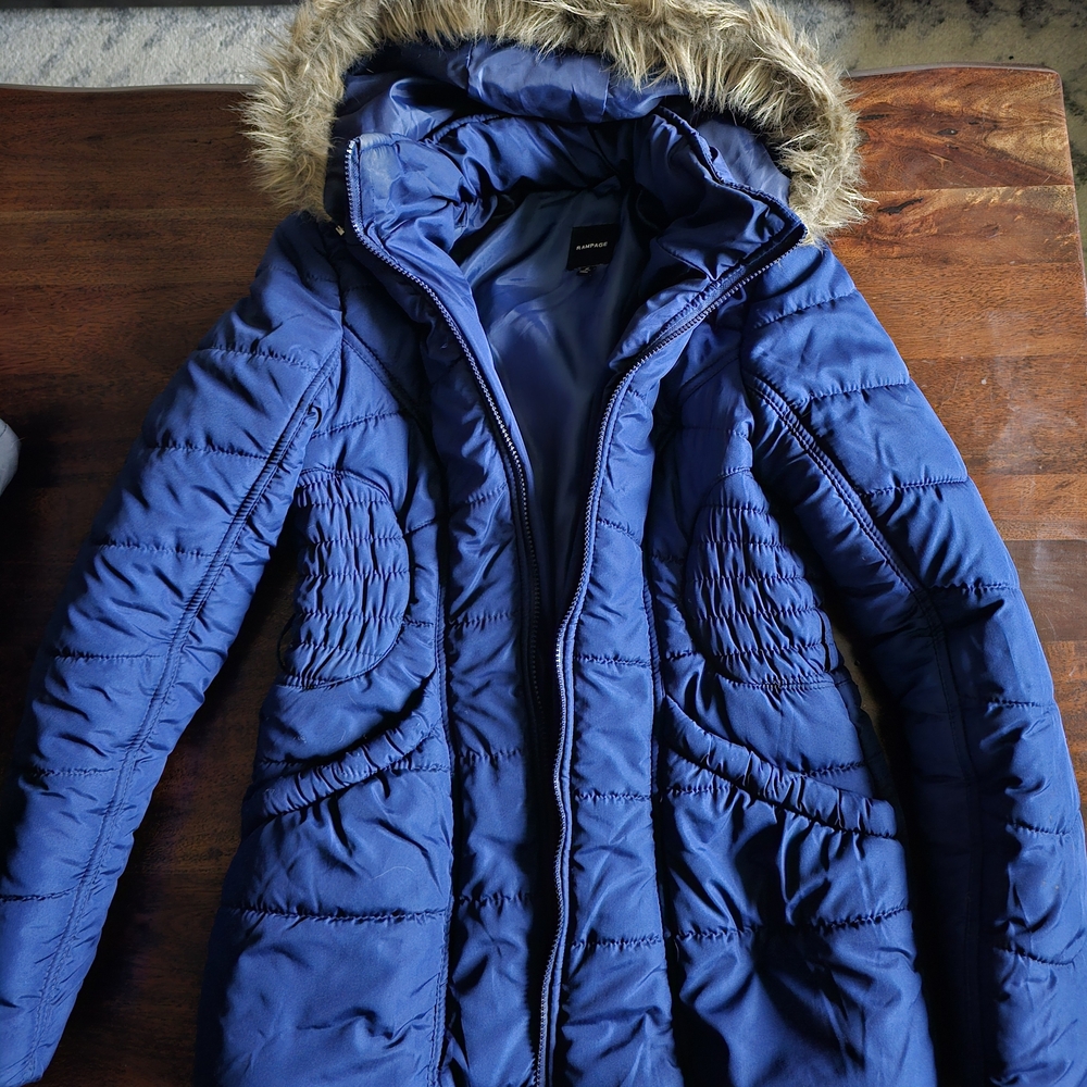 Rampage Blue Puffer Jacket with Faux Fur Trim